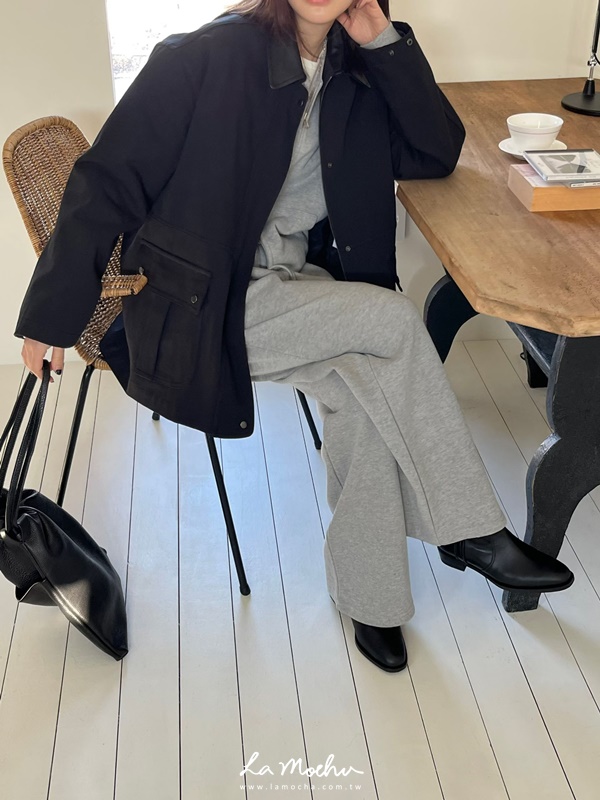 皮革領口袋剪裁巴恩風外套